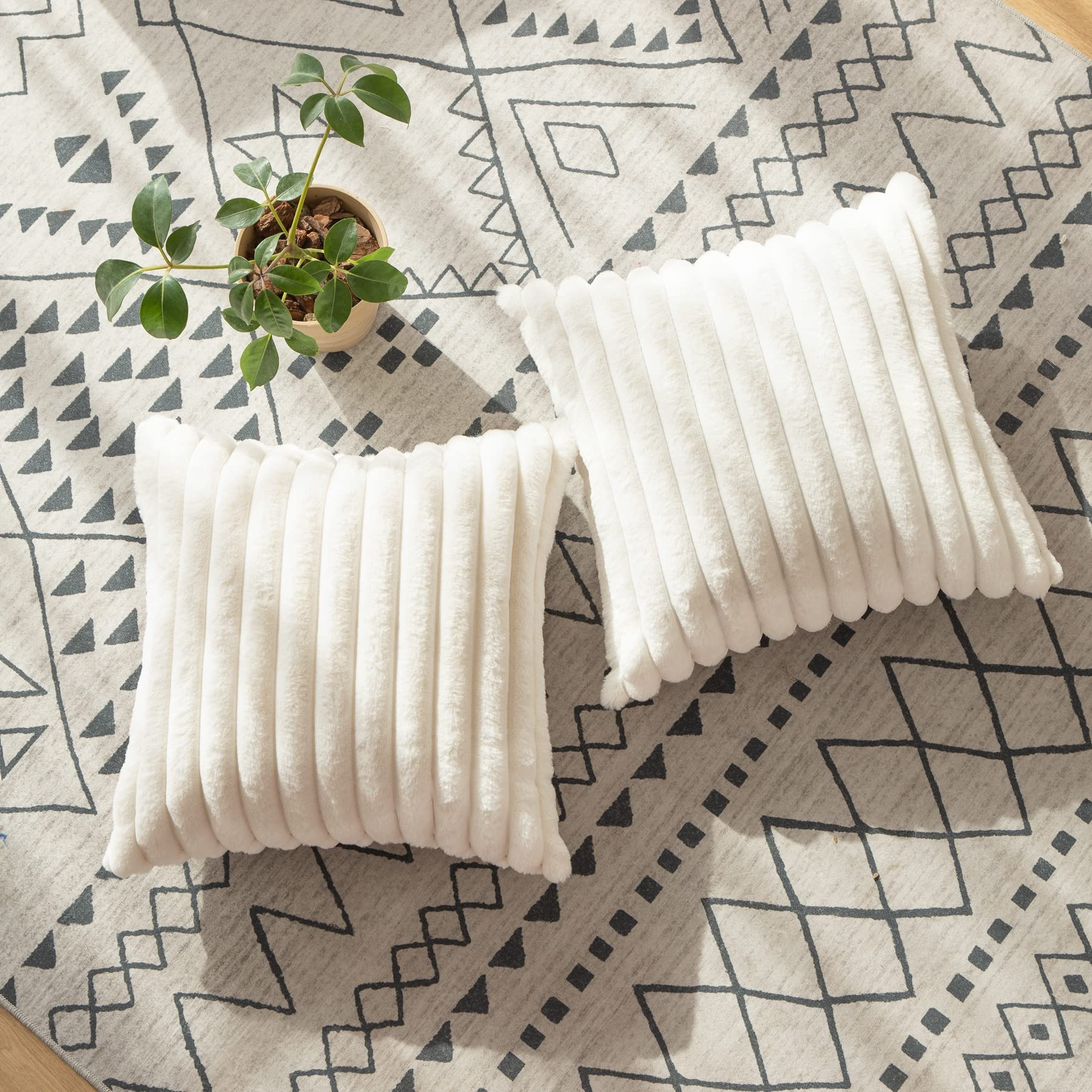LIGICKY 18x18 Inch White Fluffy Faux Fur Throw Pillow Covers - Soft Double-Sided Striped Decorative Cushion for Couch, Bed, Sofa (Set of 2) - Perfect for Living Room, Bedroom & Home Decor