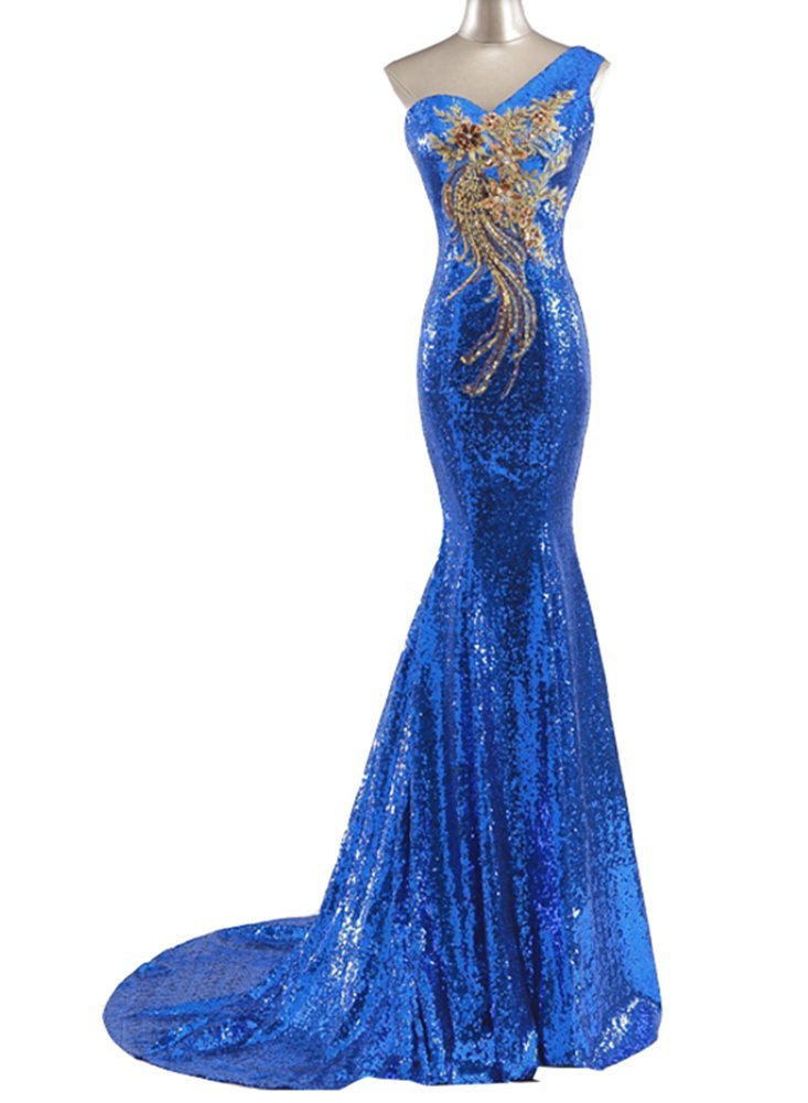 Elegant Women's One Shoulder Sequins Mermaid Tail Ball Gown - Sapphire Blue Prom Dress for Evening Parties, Weddings & Special Occasions