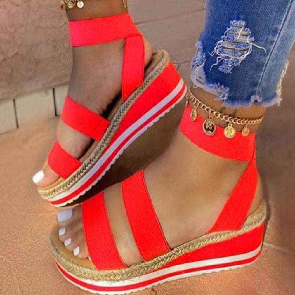 Women's Wedge Heel Sandals 2021 - Color Matching Hemp Rope Plus Size Elastic Band Comfortable Red Sandals for Summer Beach Walking & Casual Outings