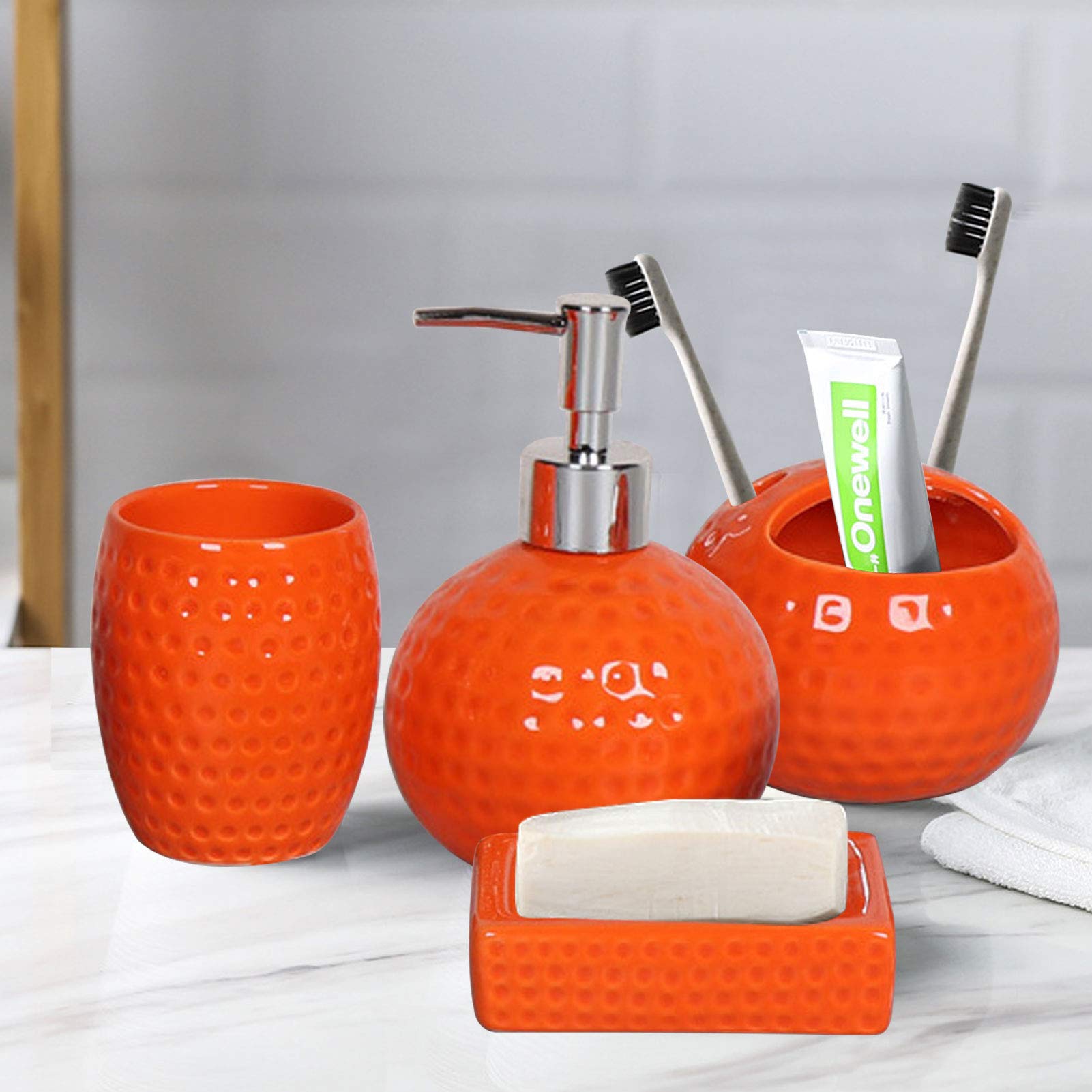 4-Piece Ceramic Bathroom Accessory Set - Soap Dispenser, Toothbrush Holder, Soap Dish & Tumbler Cup - Orange - Complete Bathroom Decor for Modern Homes, Apartments & Guest Bathrooms