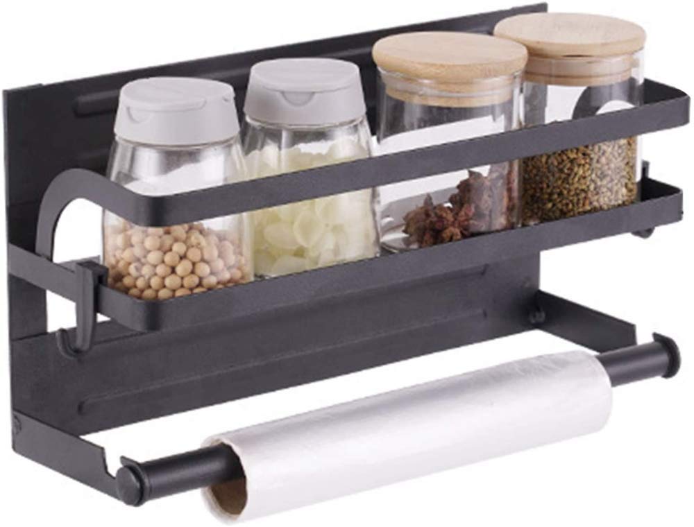 2-Tier Magnetic Fridge Organizer with Spice Rack, Paper Towel Holder & 2 Extra Hooks - Space-Saving Refrigerator Shelf for Kitchen, Pantry & Small Apartment Organization