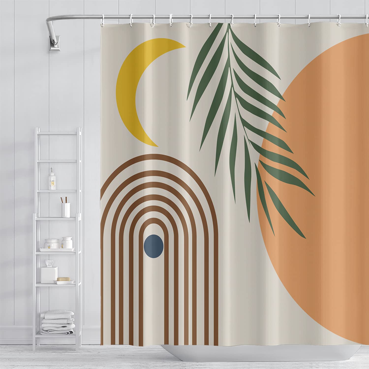 Mid Century Abstract Boho Shower Curtain - Moon & Eucalyptus Leaves Orange Bathroom Decor with Hooks, 60x72 Inch Modern Minimalist Geometric Design for Stylish Bathroom Upgrade | Perfect for Boho, Scandinavian & Contemporary Bathrooms