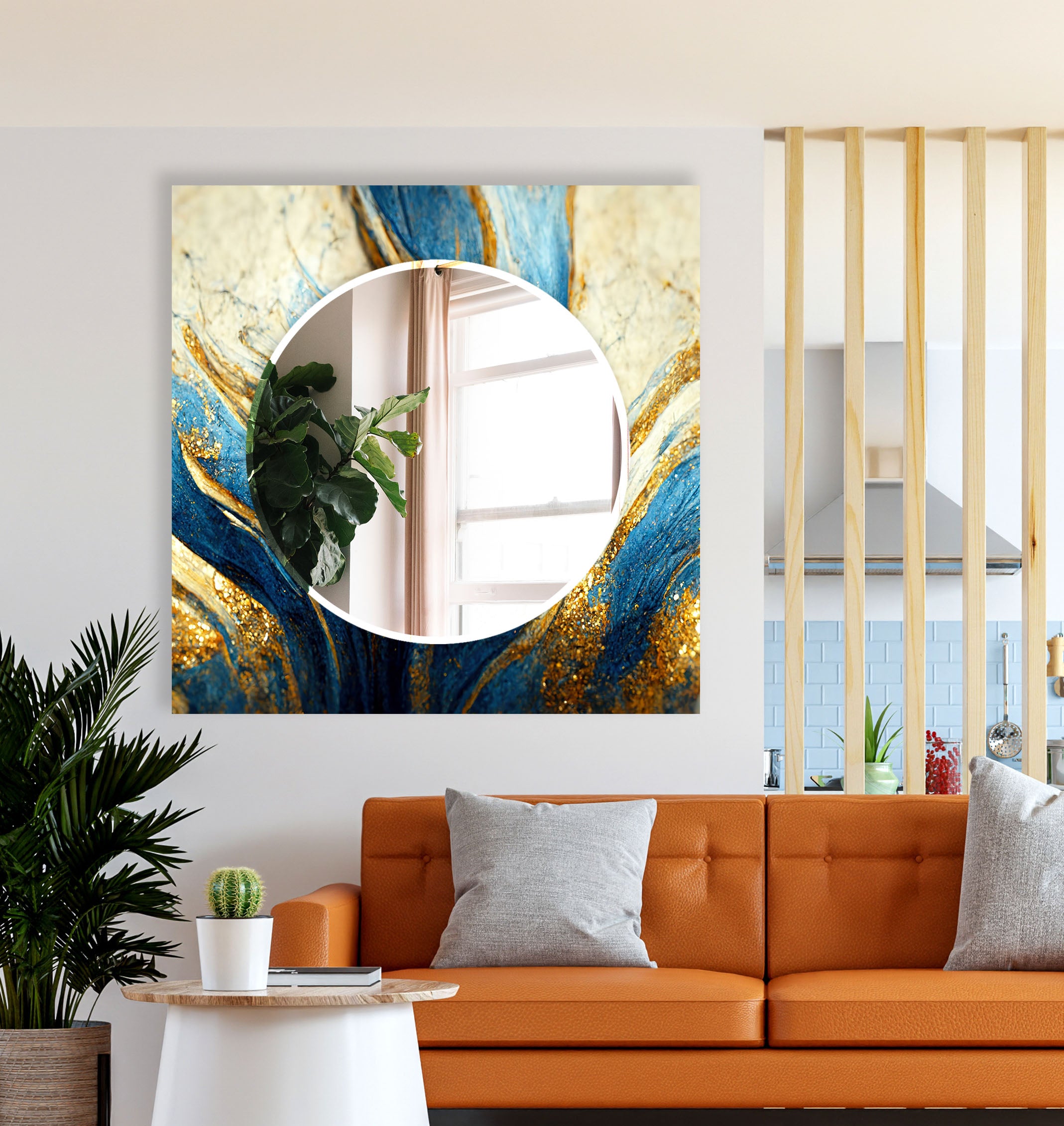 Blue & Gold Marble Glass Wall Mirror - Elegant Abstract Decor for Living Room, Bedroom & Entryway | Stylish Home Accent Piece for Modern Interiors