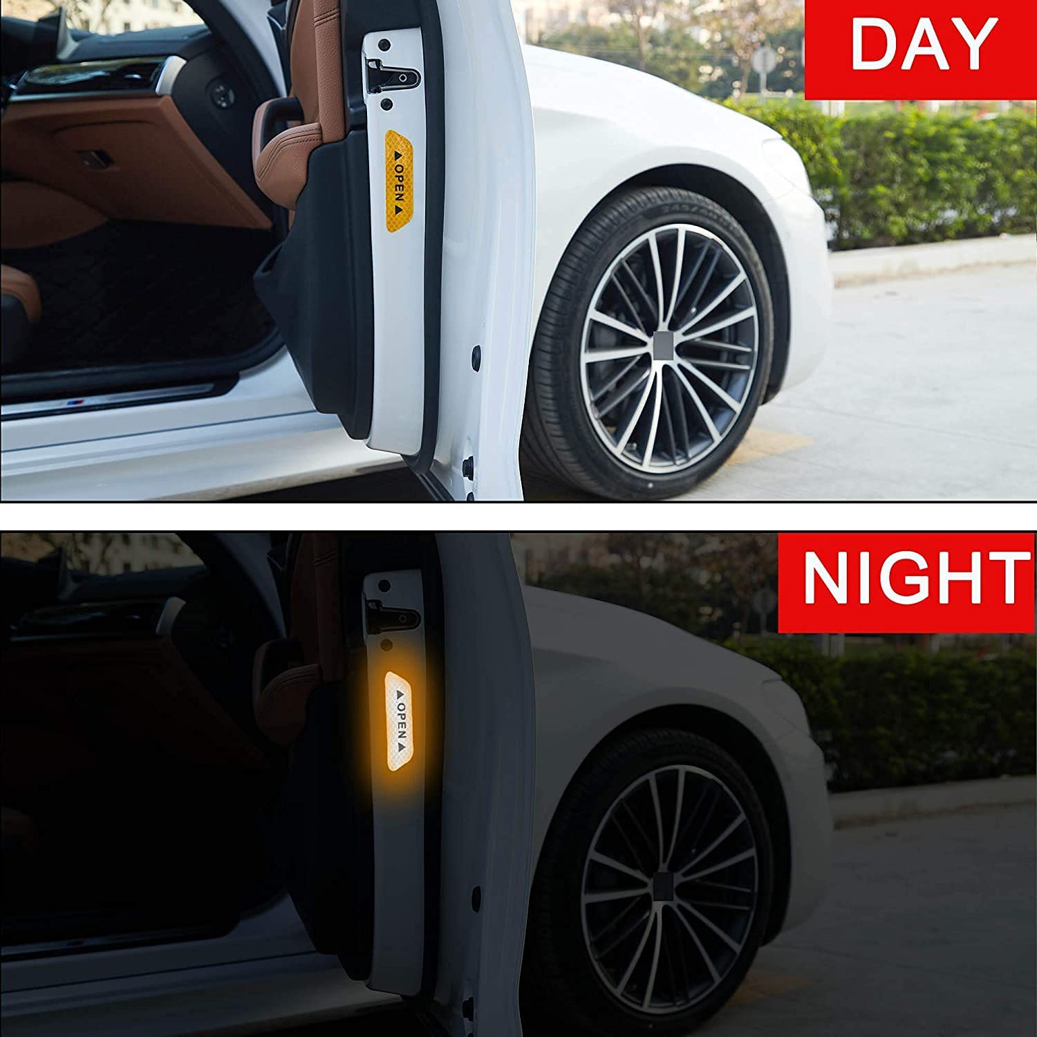 Colorsole® 4-Pack Orange Reflective Car Door Safety Warning Decals - Universal Fit for BMW X3, X5 & Most Vehicles - Enhance Night Visibility for Parking & Roadside Safety