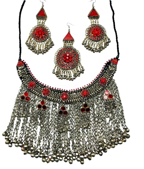 Authentic Afghan Tribal Jewelry Set - Vintage Kuchi Long Dangling Bells Necklace for Women | Boho Chic Accessories for Festivals, Weddings & Ethnic Fashion