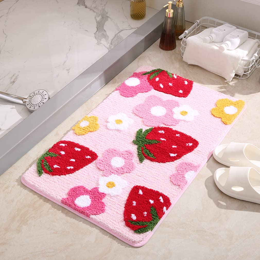 Soft Pink Strawberry Bath Mat - Ultra Absorbent Non-Slip Memory Foam Bathroom Rug for Girls, 18x26 Inch, Washable & Cozy - Perfect for Bathroom, Shower, Bathtub & Bedroom Decor