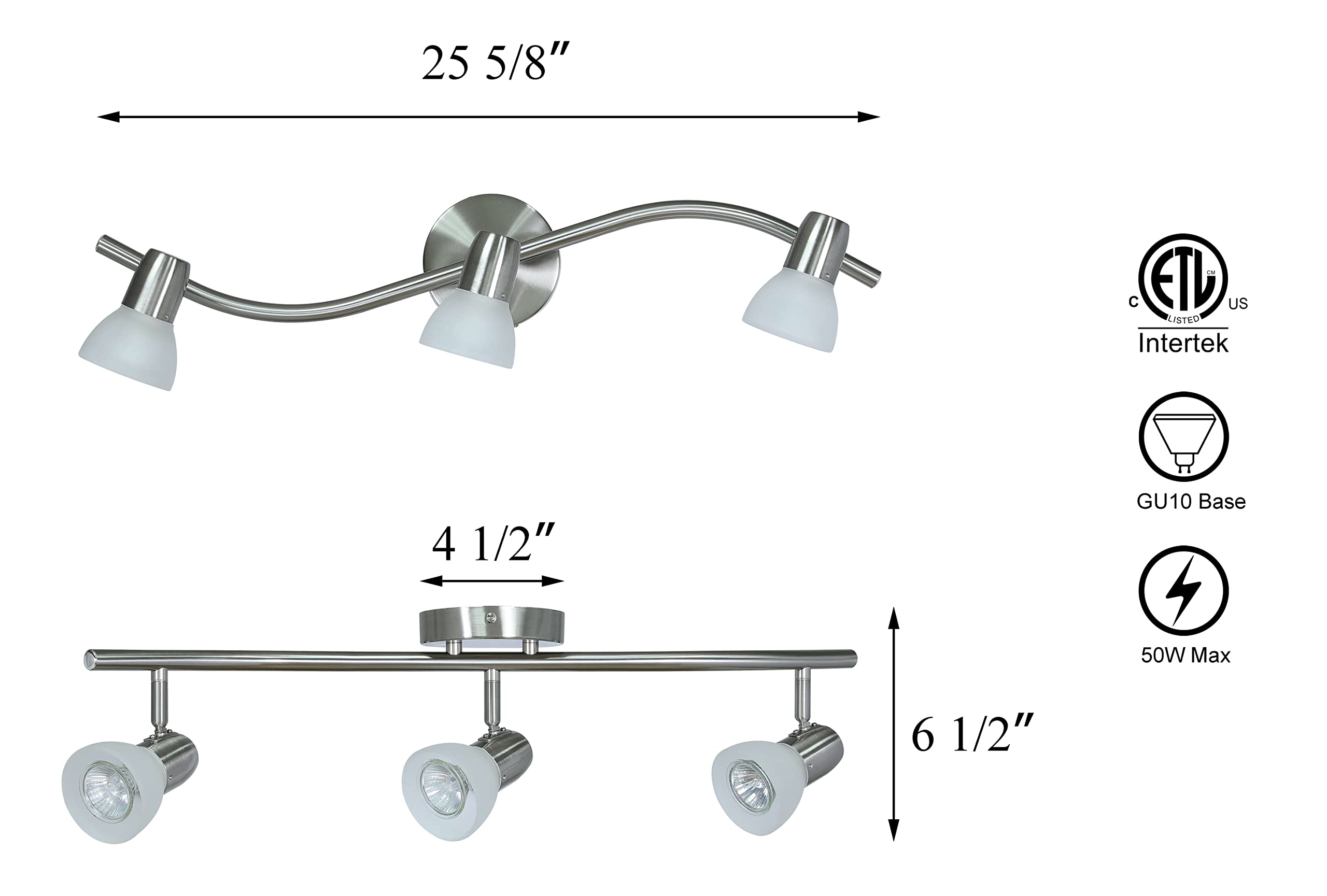 XiNBEi Modern S-Shaped Track Lighting Kit - 3 Light Kitchen Ceiling Fixture, Brushed Nickel Finish, Adjustable Spotlights for Home & Restaurant Use (Model XB-TR1223-3-BN) | Perfect for Kitchen Islands, Dining Areas & Retail Spaces