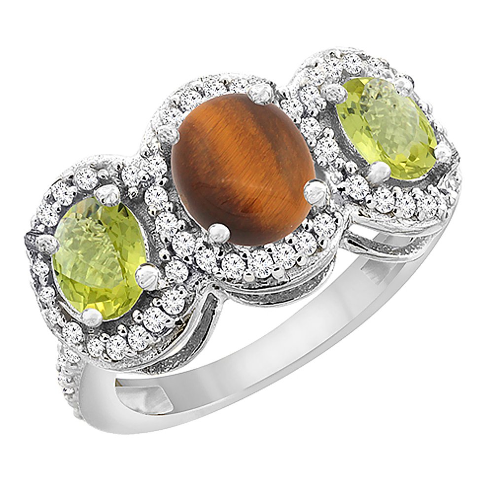 14K White Gold Natural Tiger Eye & Lemon Quartz 3-Stone Ring with Oval Diamond Accent - Size 10 - Elegant Jewelry for Women, Perfect for Weddings, Anniversaries & Special Occasions