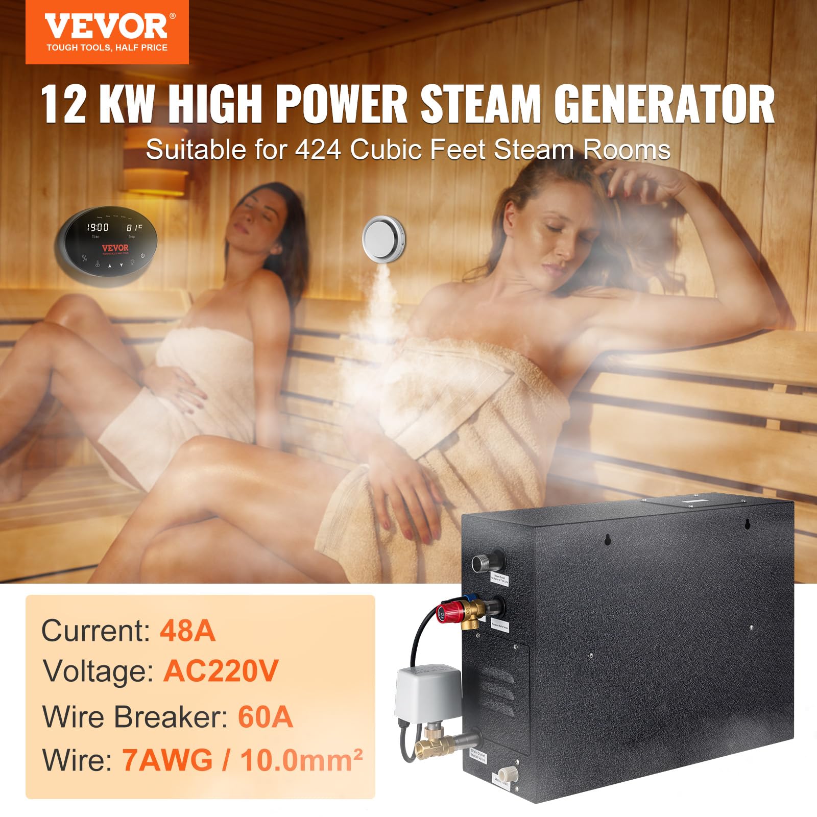 VEVOR 12KW Steam Shower Generator with Segmented Heating, Temperature Control & 24-Hour Timer - Automatic Drainage Home Spa System for Relaxation & Wellness