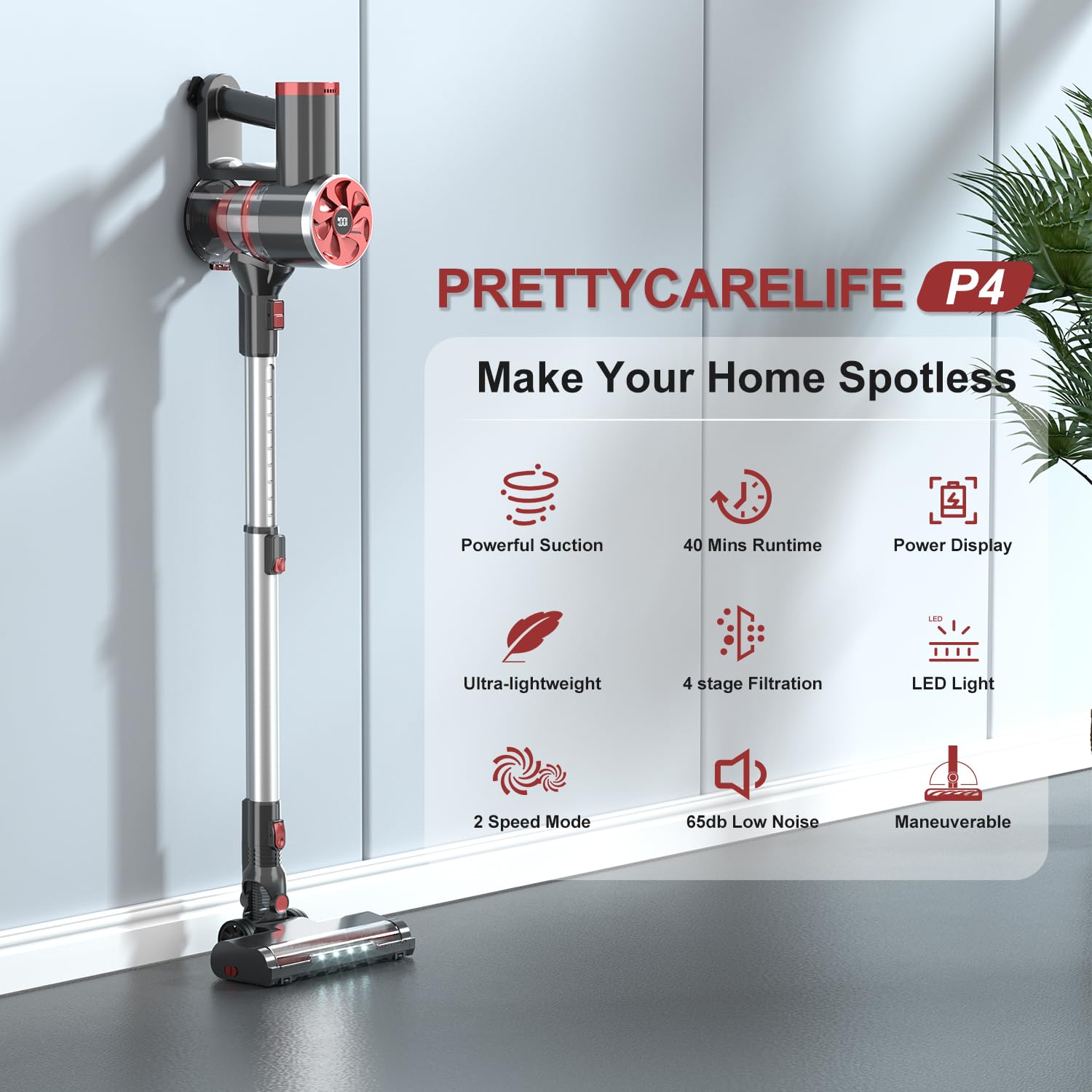 Powerful Cordless Vacuum Cleaner - 40Kpa Strong Suction, Self-Standing Stick Vacuum with LED Display, 40Min Runtime Brushless Motor, Lightweight for Hardwood Floors & Carpets - Ideal for Pet Hair Cleaning & Home Use (Red)