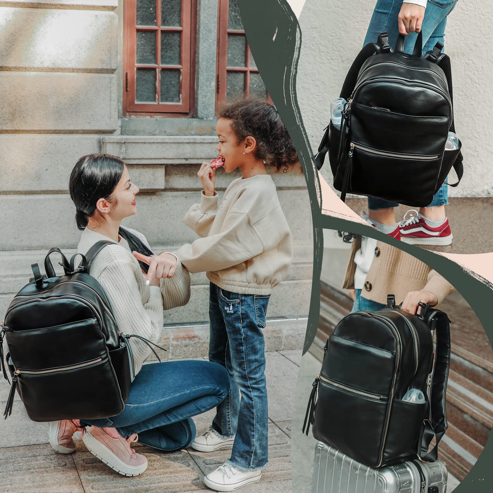 MOMINSIDE Premium Diaper Bag Backpack for Parents - Large Leather Baby Bag with 6 Insulated Pockets, Stroller Organizer & 2 Insulated Cup Holders - Perfect for Travel, Daycare & Family Outings