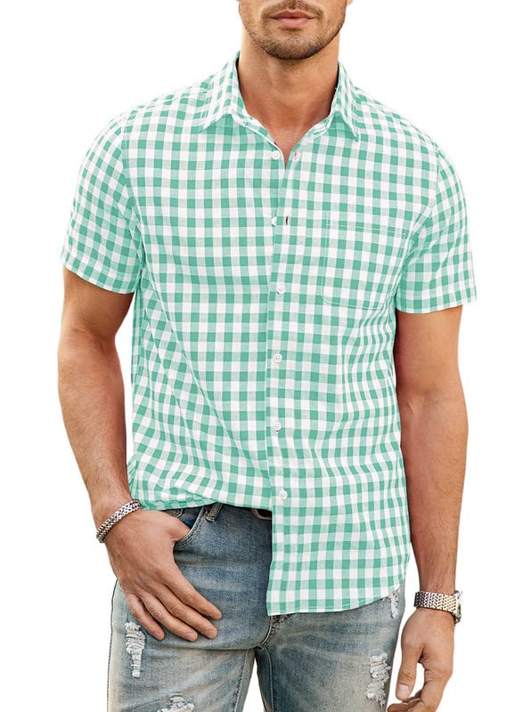 JMIERR Men's Casual Short Sleeve Button Down Shirt - 100% Cotton Plaid Shirt for Men | Breathable & Comfortable Summer Shirt for Work, Outdoor & Casual Wear