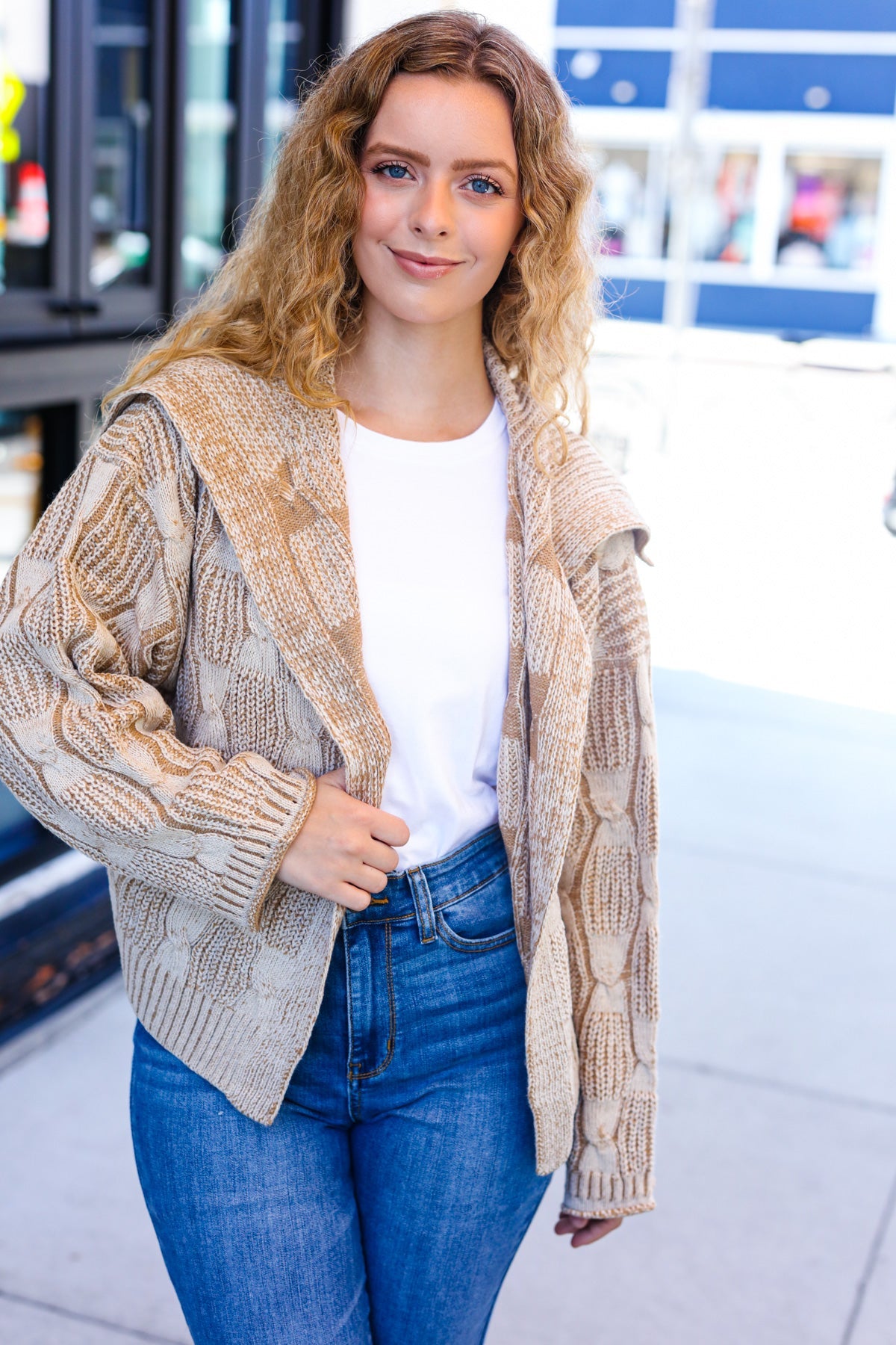 Cozy Taupe Textured Cable Knit Collared Cardigan for Women | Autumn Fall Sweater | Perfect for Layering, Office Wear & Casual Outfits