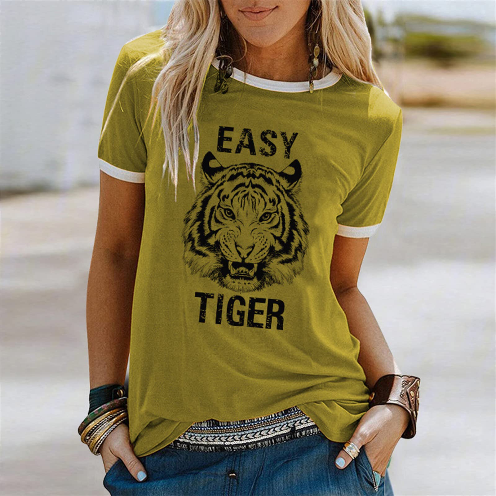 Easy Tiger Women's Graphic Tee - Animal Print Patchwork Short Sleeve T-Shirt - Country Music Inspired Casual Top for Concerts & Outdoor Adventures