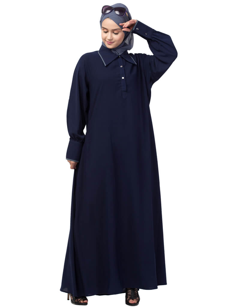 Elegant Navy Blue Arabic Long Cuff Abaya with Executive Collar - Perfect for Office Wear, Formal Events & Islamic Modest Fashion
