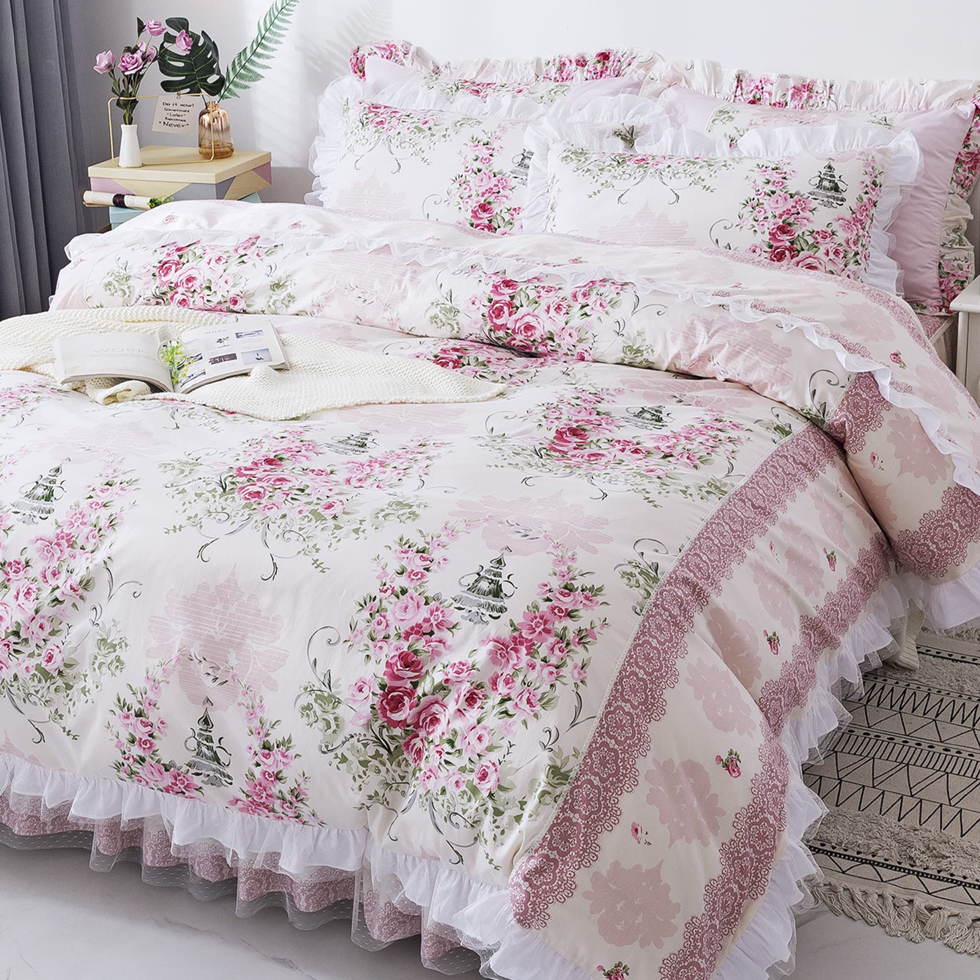 FADFAY Romantic Floral Print Bedding Set - Rustic Farmhouse Style Princess Lace Ruffle Duvet Cover 4PCS (California King) for Master Bedroom, Guest Room & Vacation Home Decor