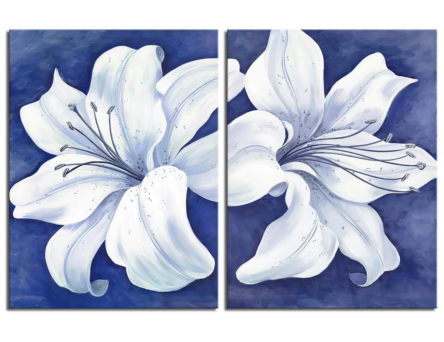 White Floral Canvas Wall Art - Modern Blue-Purple Bloom Painting for Dining Room Decor