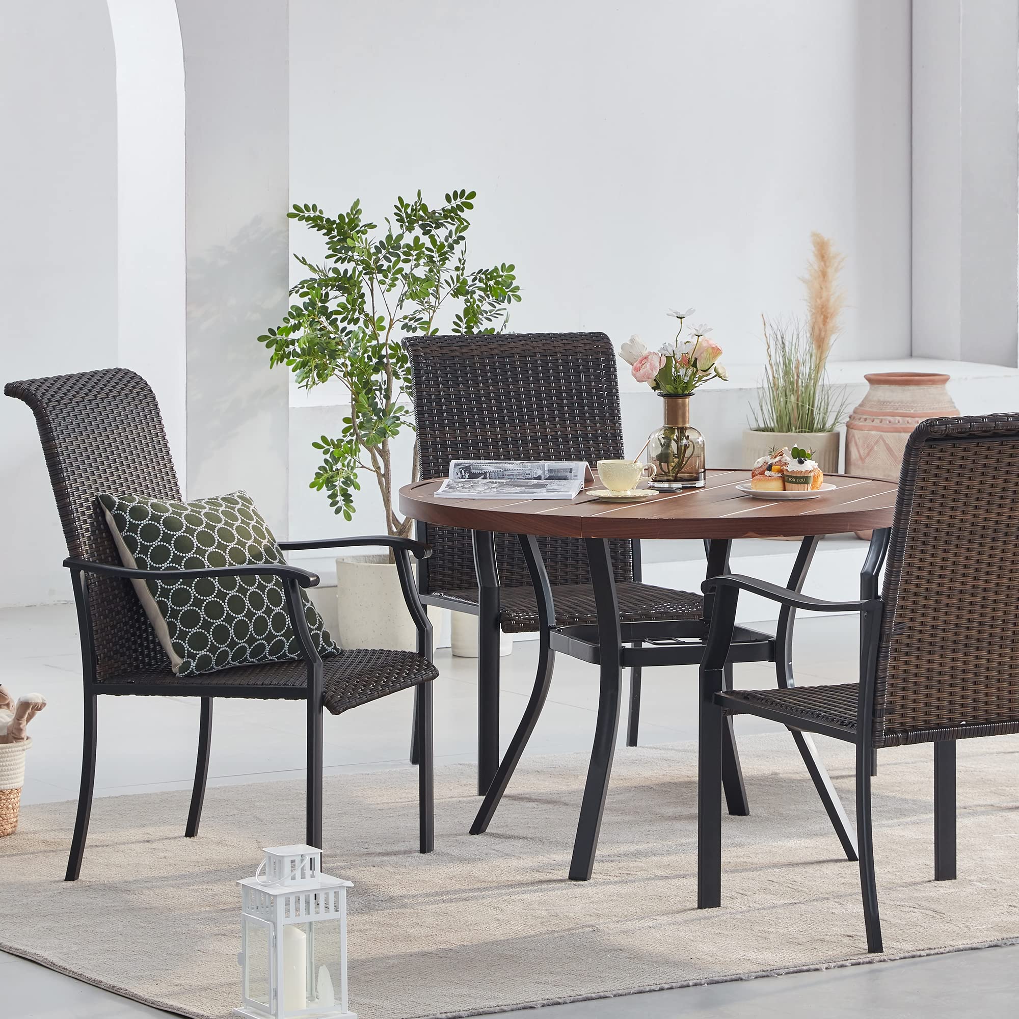 VICLLAX 41 Inch Round Patio Dining Table with Umbrella Hole - Durable Metal Outdoor Table for Garden, Lawn, Balcony & Deck - Walnut Finish - Perfect for Outdoor Dining, Entertaining & Relaxing