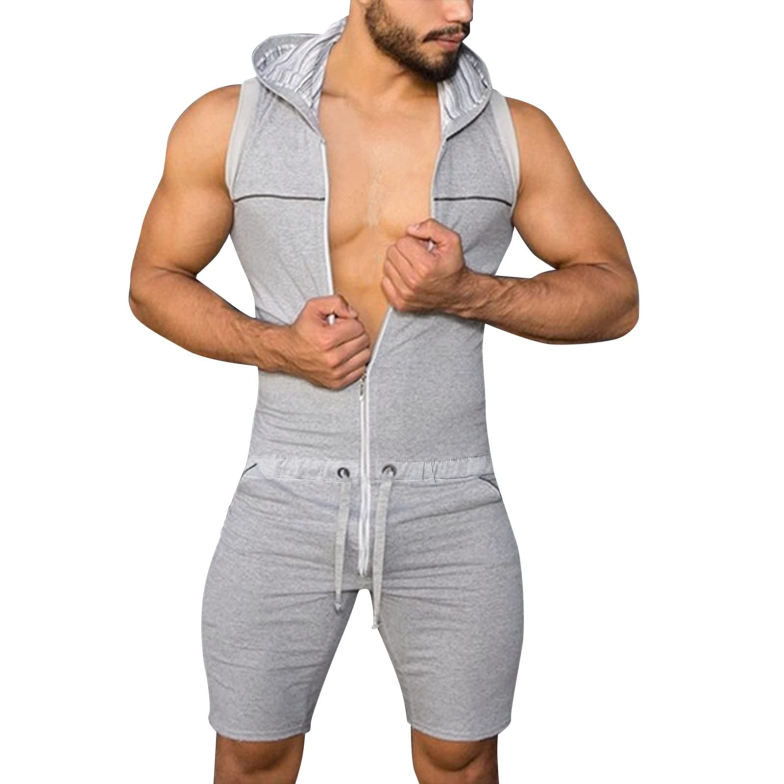 Men's Hooded Jumpsuit with Pockets & Zipper - Solid Color Tank Top & Shorts Set for Casual Wear, Gym, and Outdoor Activities
