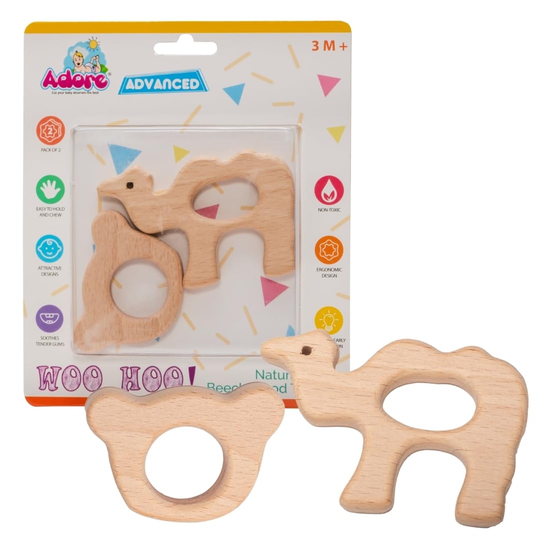 Natural Wooden Teething Toys for Babies - Pack of 2 (Camel & Cat) | Safe & Non-Toxic Beech Wood Teethers | Soothing Relief for Teething Infants | Perfect Baby Shower Gift & Nursery Essential