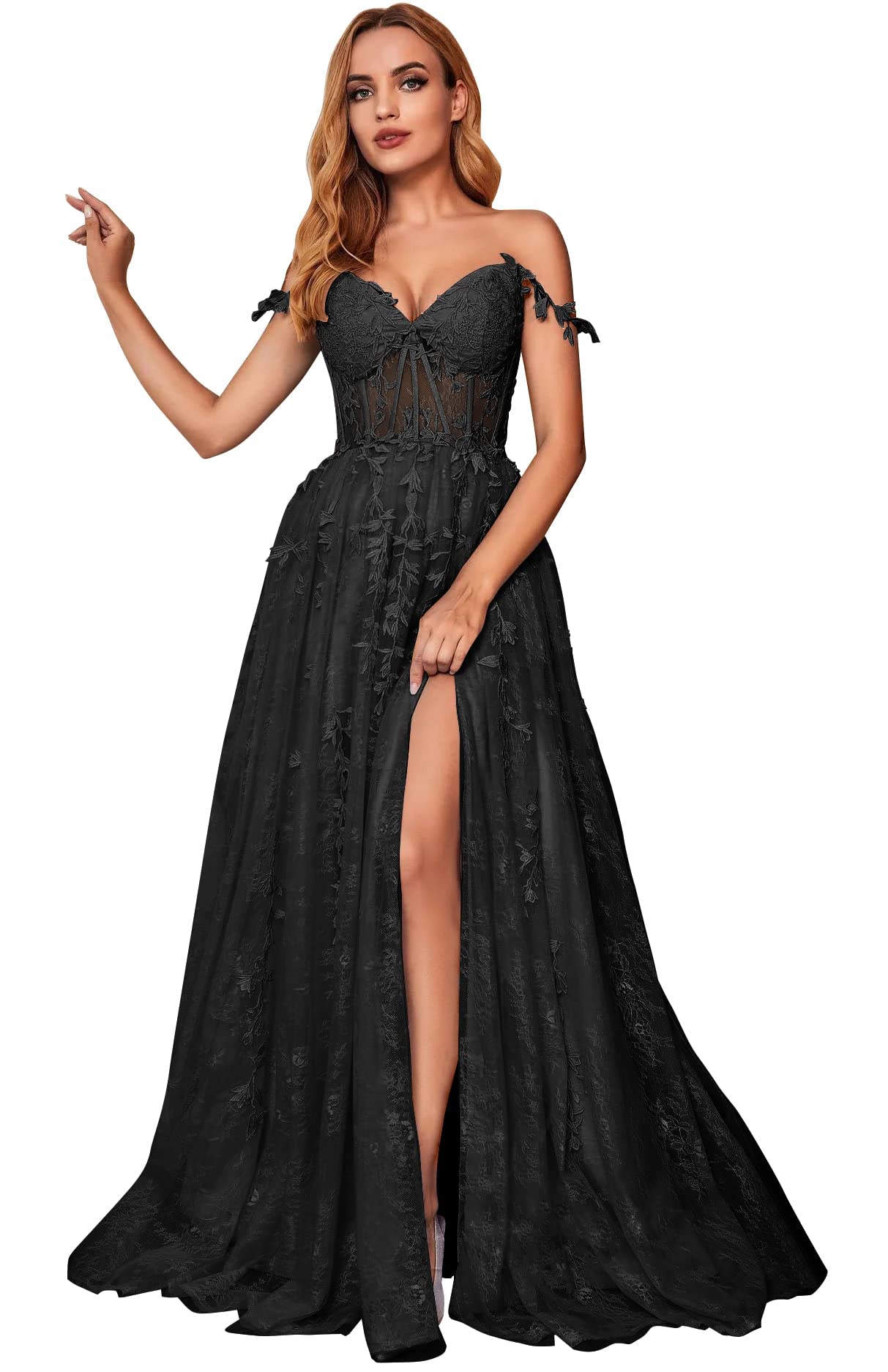 Elegant Lace Appliques Prom Dresses for Women - Long Tulle Wedding Ball Gown with High Slit - Perfect for Homecoming, Formal Events & Evening Parties