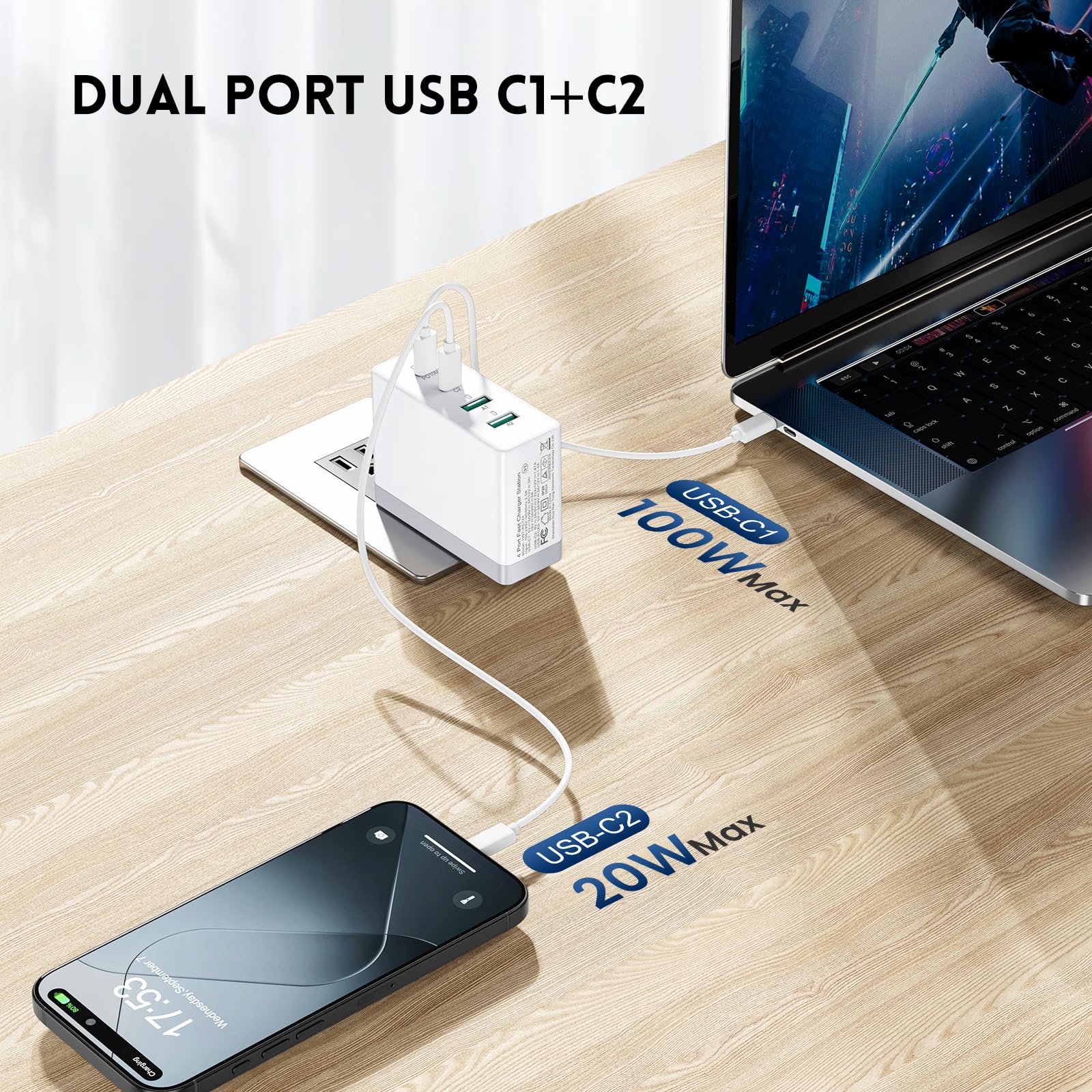 120W USB C Fast Charger Block - 4-Port Foldable PD 100W Charging Station for iPhone 16/15 Pro/Max, MacBook Pro/Air, Steam Deck, Samsung Galaxy S23/S24, Google Pixel 7/8 - Compact Wall Plug Brick for Home, Office & Travel Charging Needs