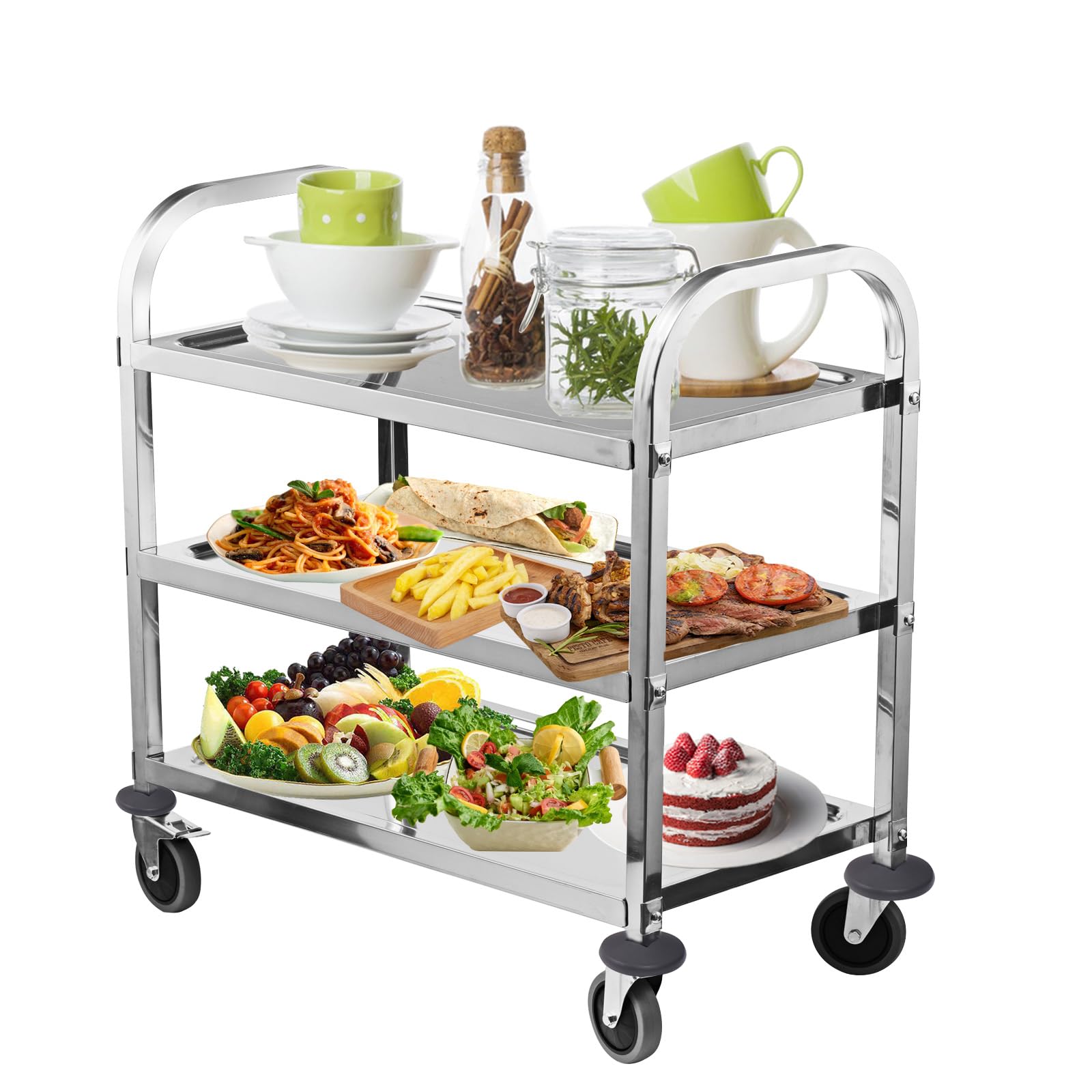 Heavy Duty 3-Tier Stainless Steel Utility Cart - Commercial Grade Kitchen Trolley with Wheels for Restaurant, Bar & Home Use (30