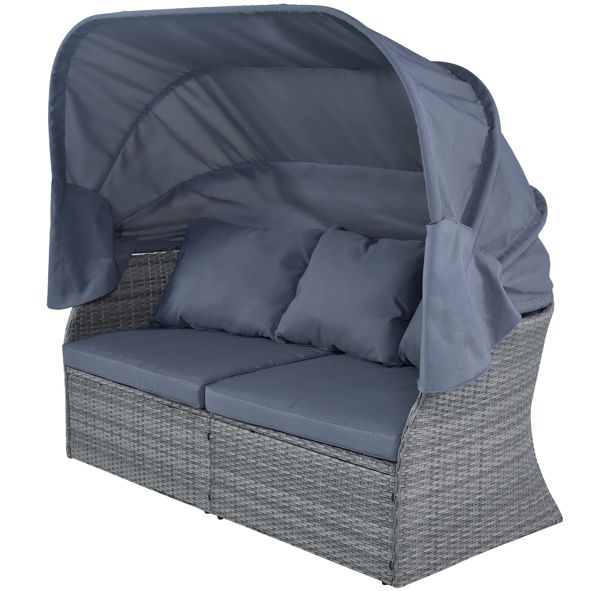 7-Piece Outdoor Wicker Daybed Set with Retractable Canopy & Lift-Top Coffee Table - Patio Sunbed Conversation Furniture for Backyard, Porch, Poolside Relaxation (Grey) | Perfect for Lounging, Sunbathing and Outdoor Entertaining
