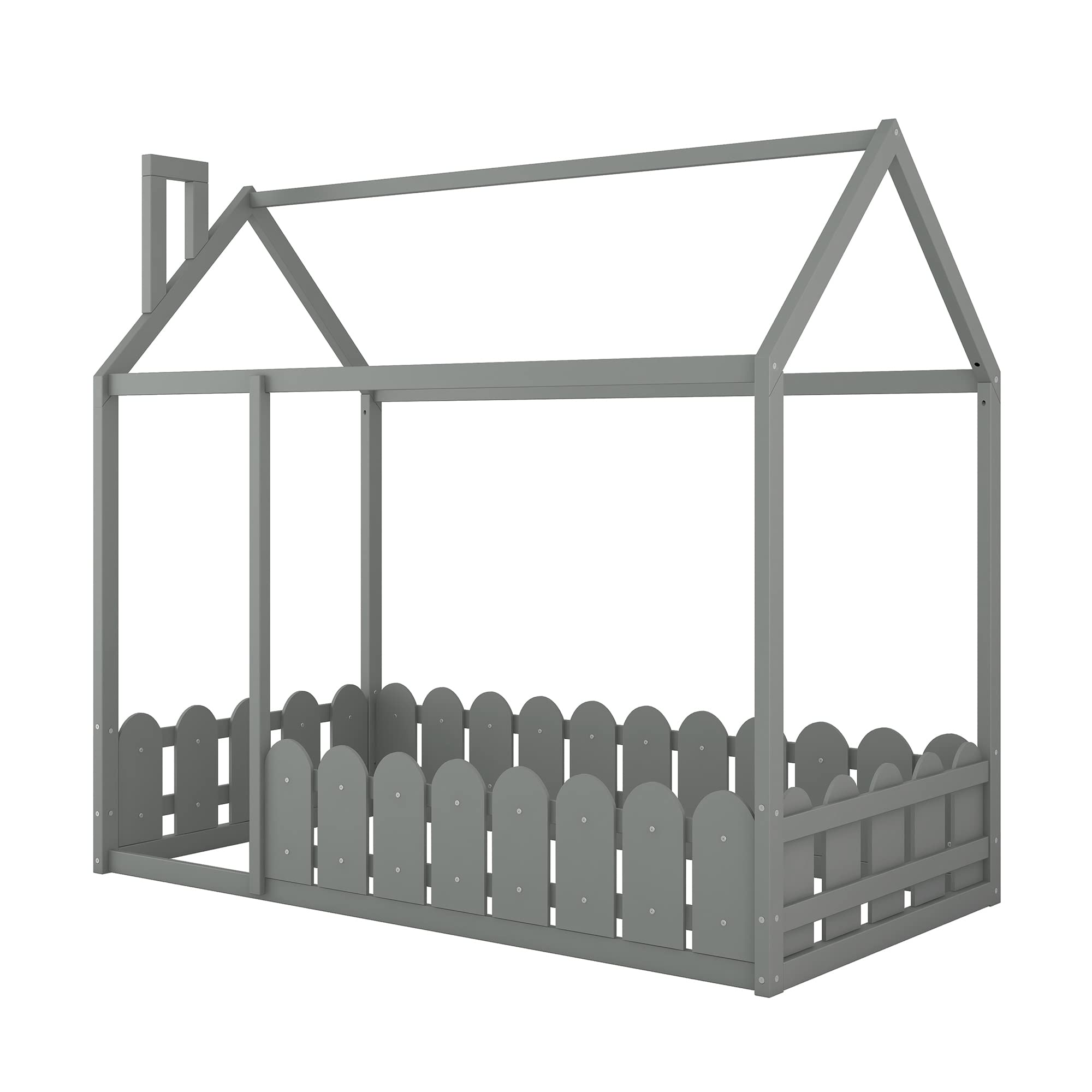 Twin Size Wooden House Bed with Fence and Roof - Kids Playhouse Bed Frame for Toddlers, Girls & Boys in Grey - Perfect for Bedrooms, Playrooms & Imaginative Play