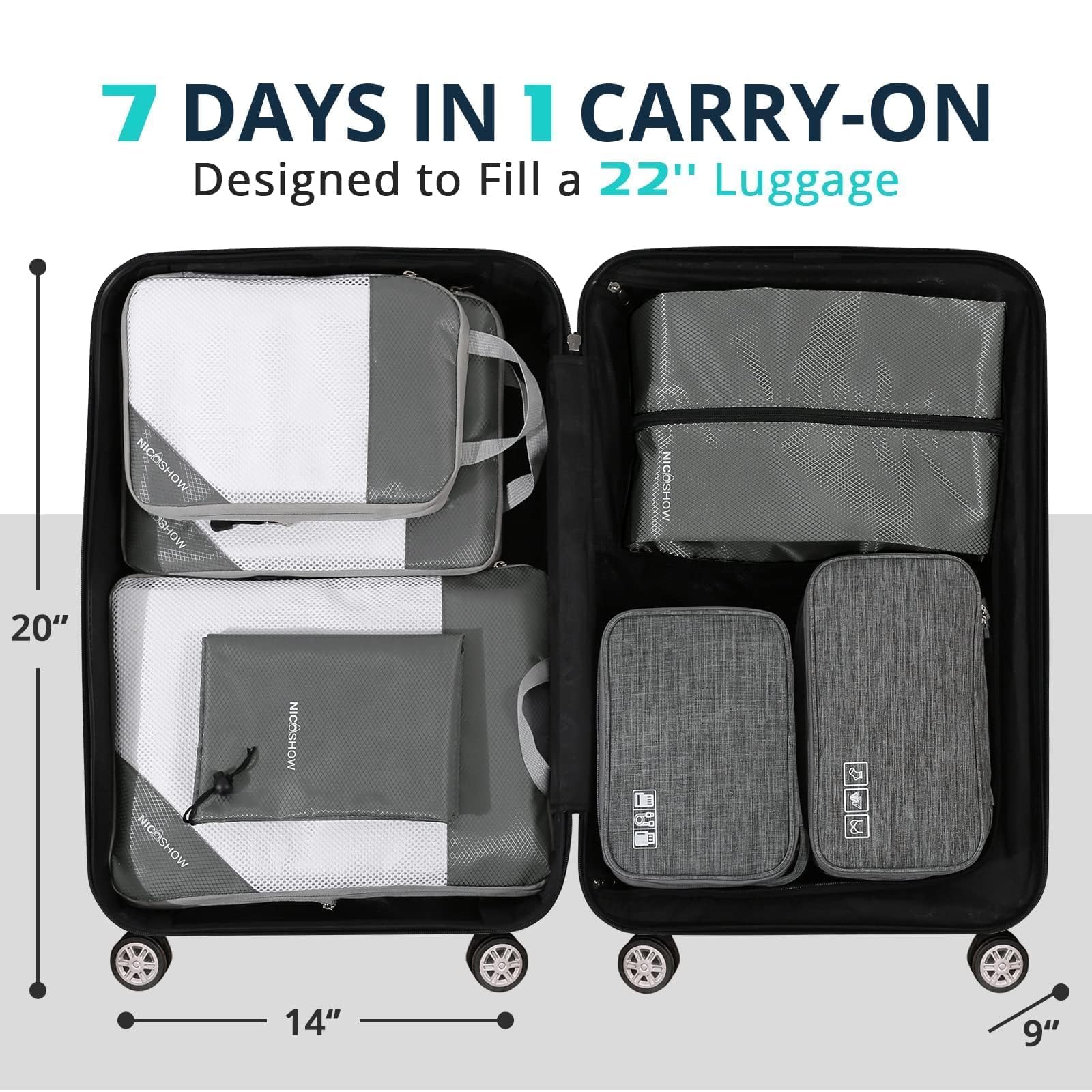 7-Piece Compression Packing Cubes Set for Travel - Lightweight & Space-Saving Organizer for Luggage, Suitcases & Backpacks | Perfect for Women's Travel Essentials in Grey | Ideal for Business Trips, Vacations & Weekend Getaways