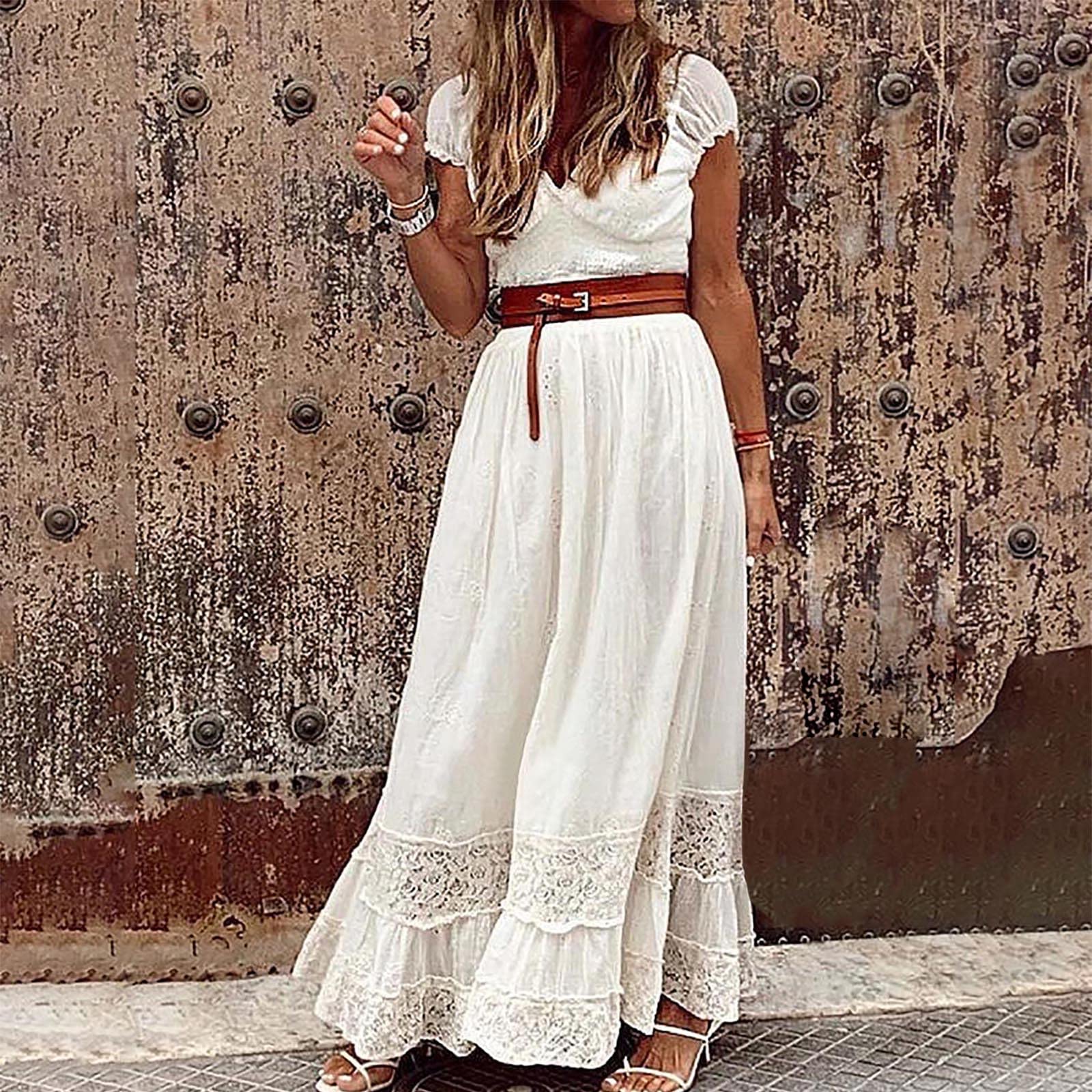 Elegant White Summer Maxi Dress for Women - V-Neck Lace Sleeve Wedding Guest & Bridesmaid Dress with Belt | Perfect for Beach Weddings, Garden Parties & Formal Occasions
