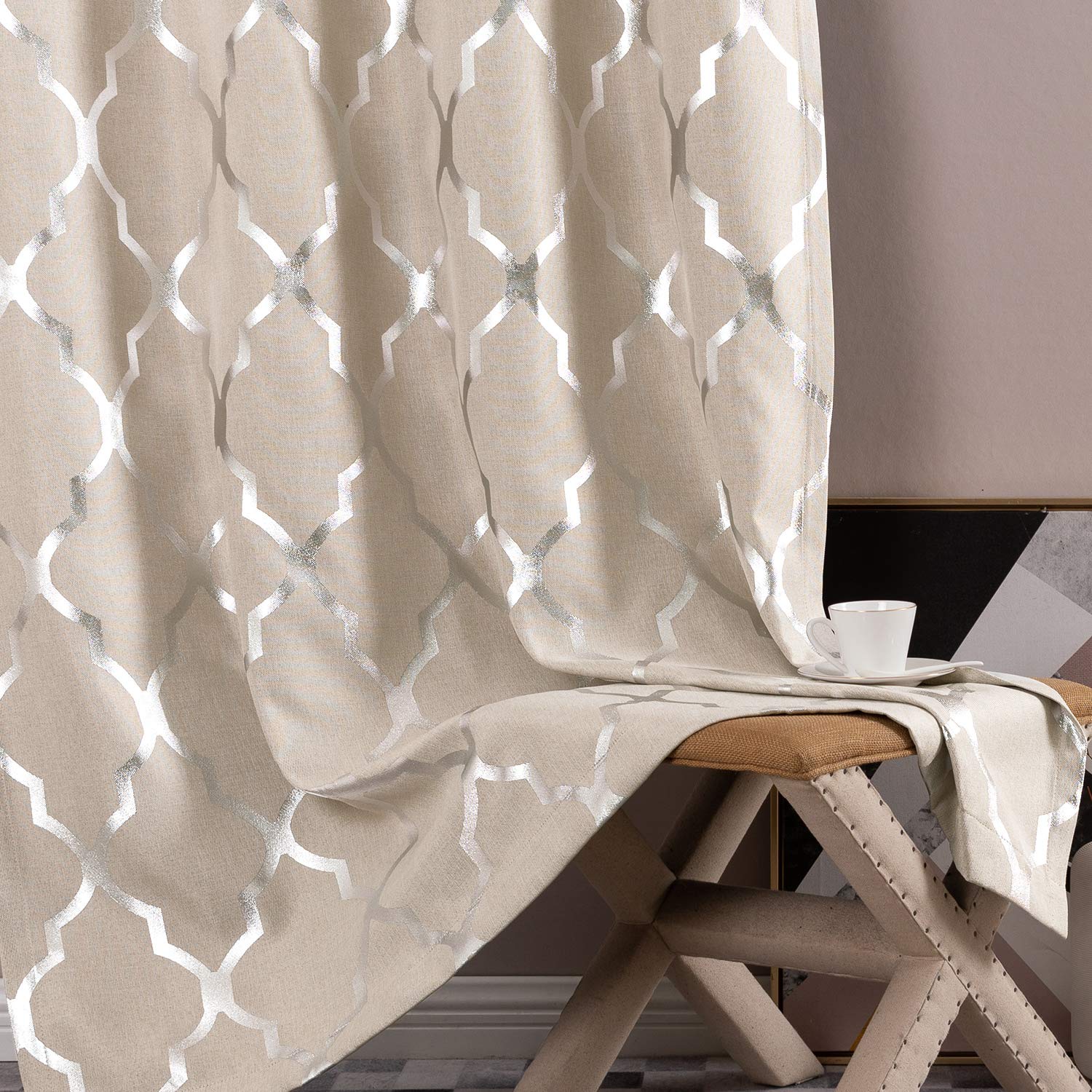 Jinchan Linen Textured Blackout Curtains - Moroccan Tile Print Window Drapes for Living Room & Bedroom (95