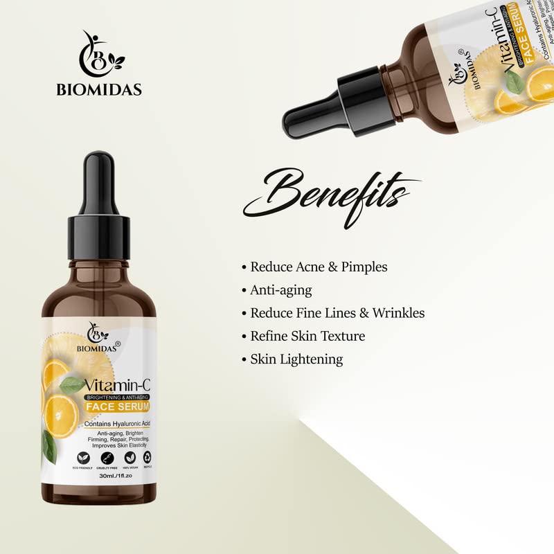 Biomidas Vitamin C Professional Skin Clearing Face Serum - Anti-Aging, Brightens Skin Tone, Reduces Wrinkles & Fine Lines, Repairs Sun Damage 30ml | For Daily Skincare Routine & Nighttime Repair