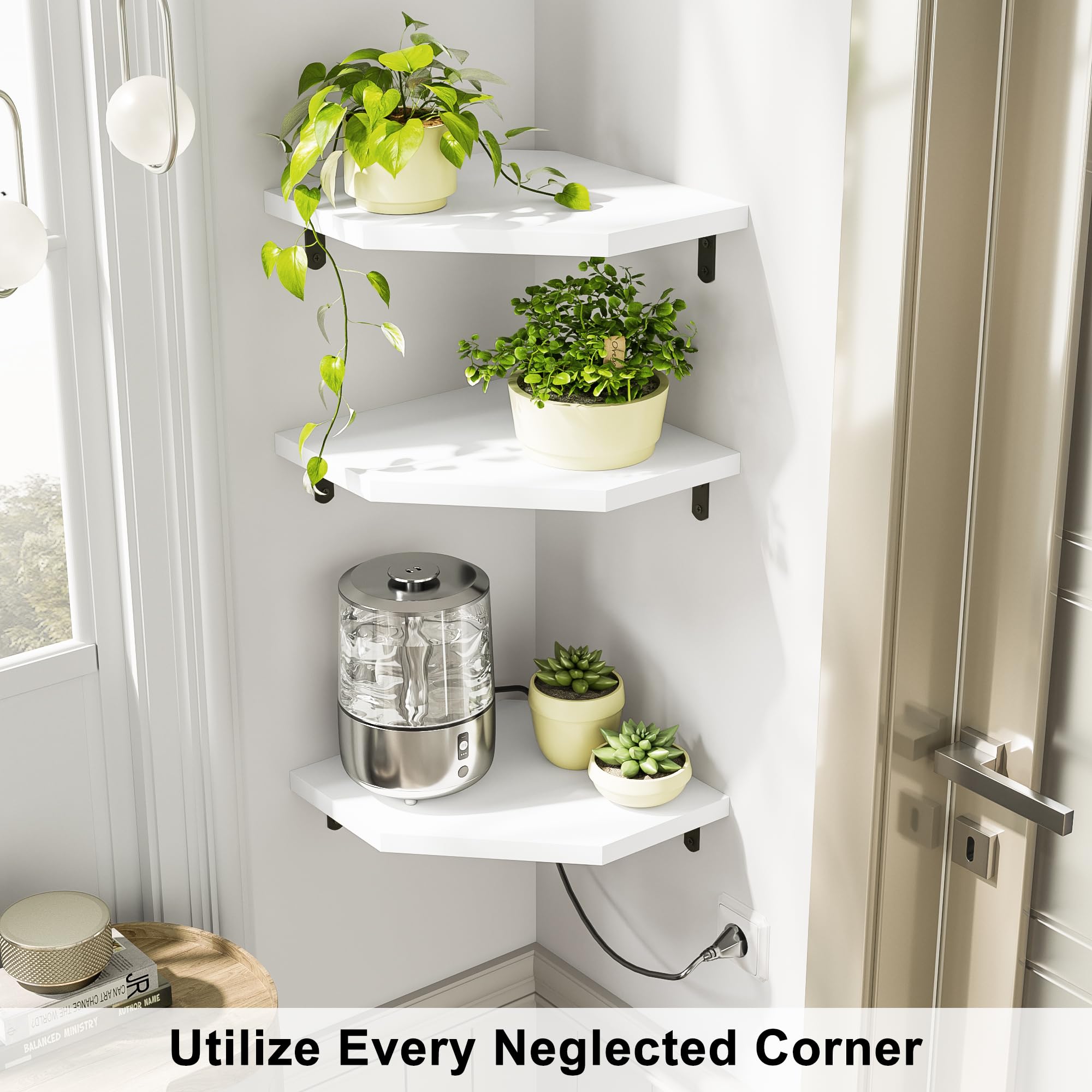 Alsonerbay 3-Piece Corner Wall Shelf Set - Solid Wood Floating Shelves with Cable Hole for TV Accessories, Speakers & Game Consoles - Perfect for Bedroom, Living Room & Bathroom Organization (White)