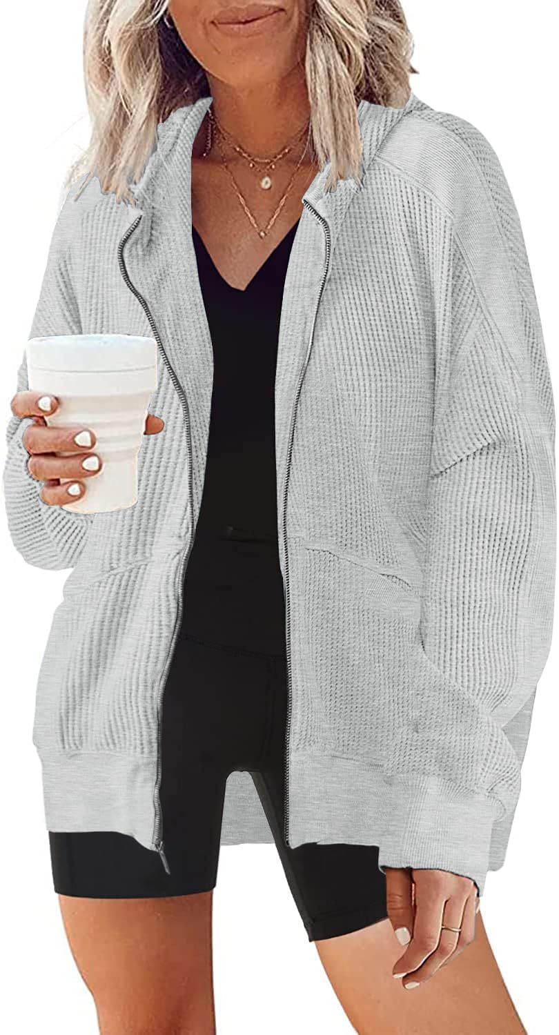 Women's Oversized Waffle Knit Zip Up Hoodie Jacket - Long Sleeve Shacket Blouse with Pockets | Casual Loungewear, Streetwear & Fall Layering Essential
