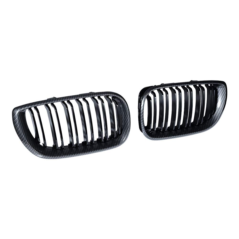 Glossy Black Carbon Fiber Front Hood Dual Slats Kidney Grille for BMW E46 4-Door Sedan (2002-2004) - LH RH Compatible - Upgrade Your Car's Style for Street Racing & Show Car Events