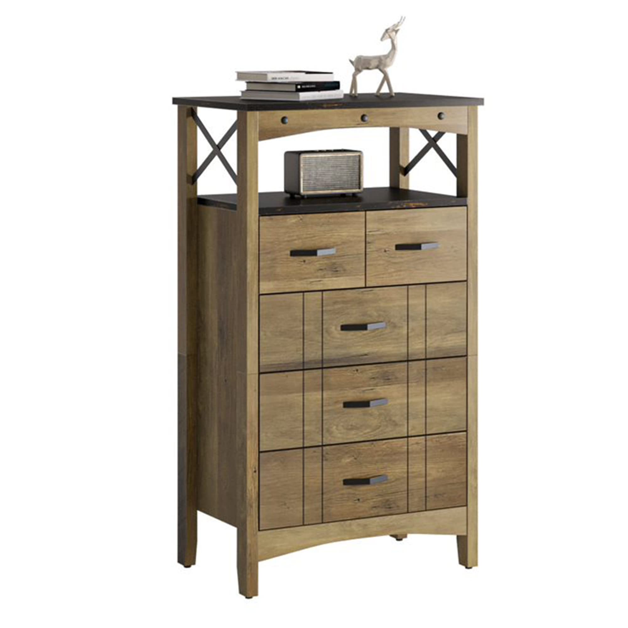 Bestier Rustic Wood Storage Cabinet with 2 Display Shelves & 5 Drawers - Vintage Organizer Table for Living Room, Office, Bedroom, Hallway - Perfect for Home Decor & Storage Solutions (Brown)