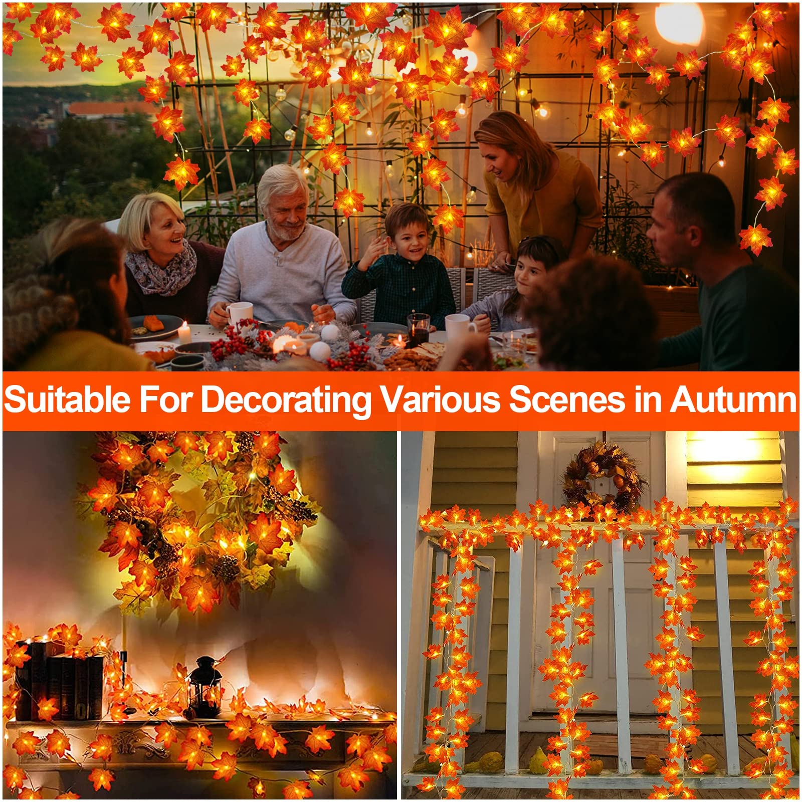 40 LED Thanksgiving Lights Outdoor - 16.4 Ft Fall Garland with Maple Leaves Design, Battery Operated Waterproof Decor for Thanksgiving, Autumn Parties, Porch, Yard & Garden Decoration