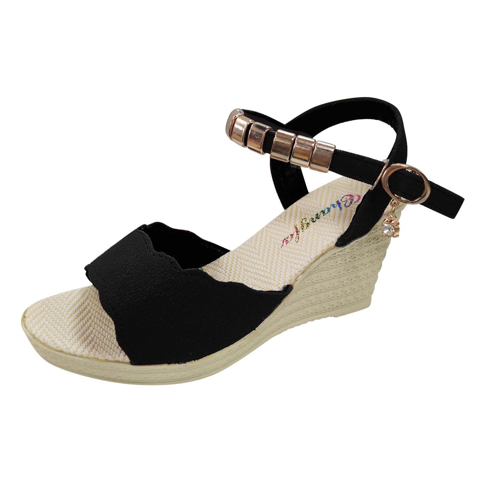 Women's Closed Toe Wedge Sandals with Sequin Buckle - Shiny Rhinestone Block Heel Shoes for Casual Outings, Parties & Summer Weddings