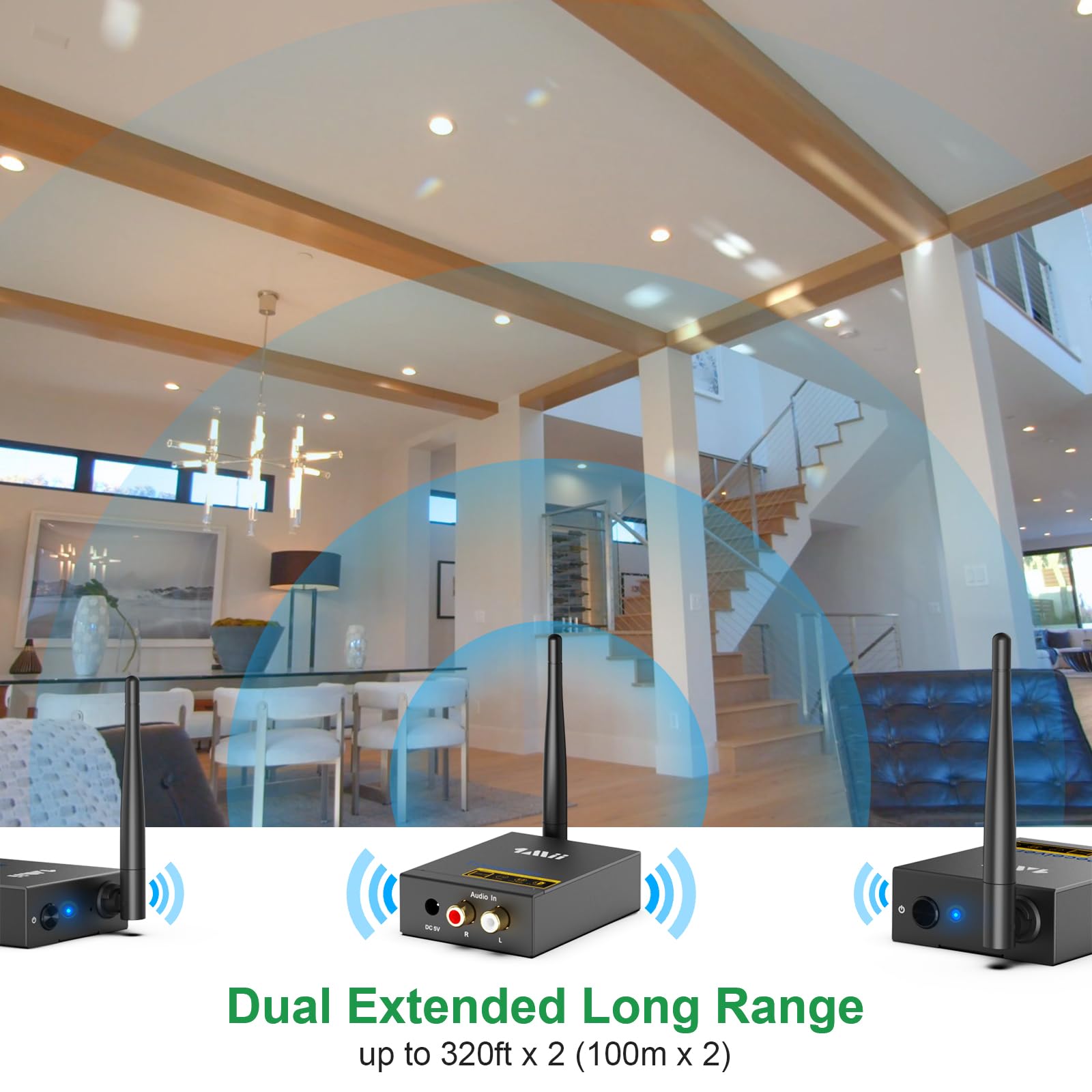 1Mii 3-in-1 2.4GHz Wireless Audio Transmitter & Receiver for TV - Ultra Low Latency 20ms, 320ft Range RCA Wireless Adapter for Subwoofer, PC, CD Player - Includes 2 Receivers for Dual Speaker Setup - Perfect for Home Theater, Gaming & Music Streaming
