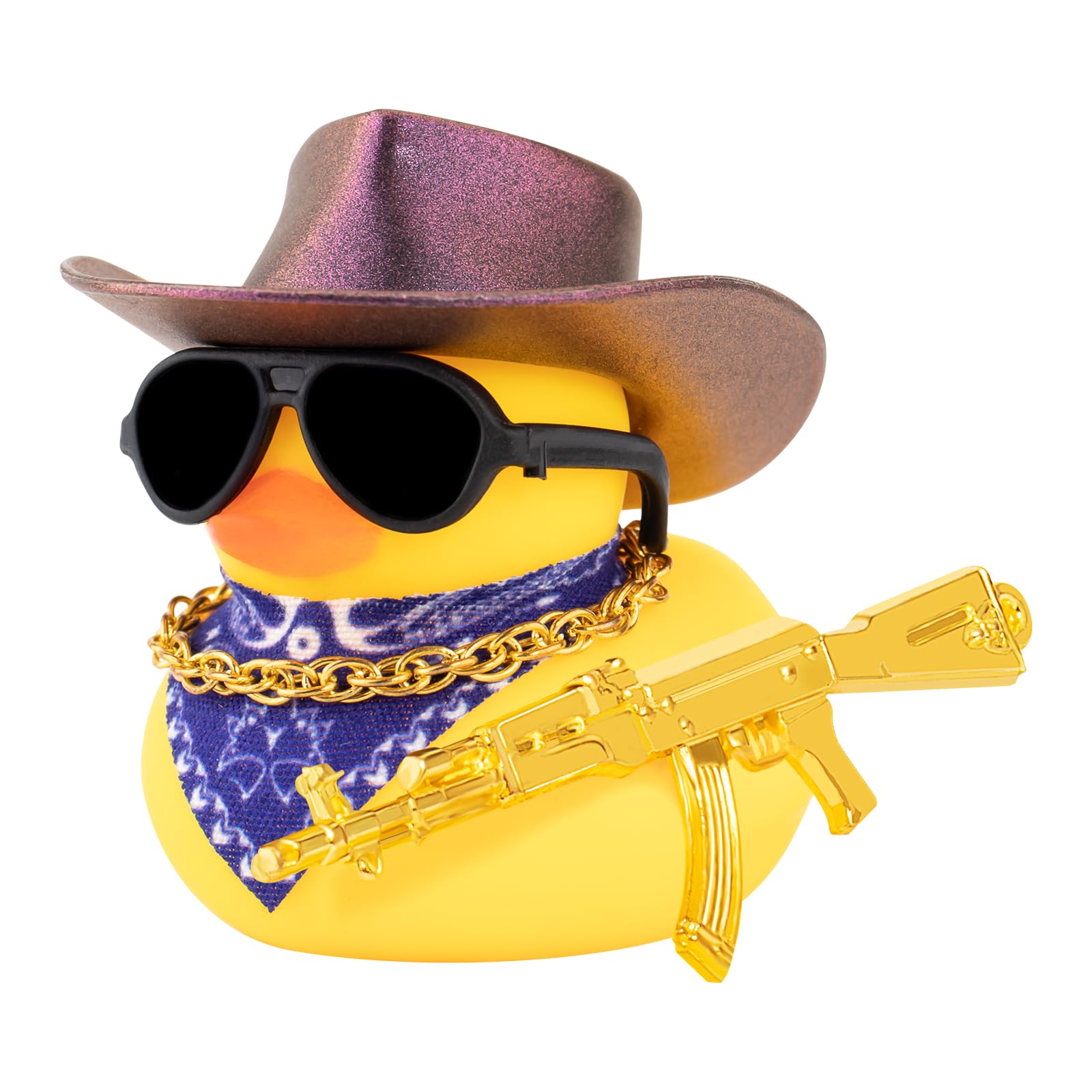 Wonuu Rubber Duck Car Ornaments - Cute Dashboard Decor with Cowboy Hat, Necklace & Sunglasses - Shiny Deep Purple Car Accessories for Fun Road Trips & Gifts