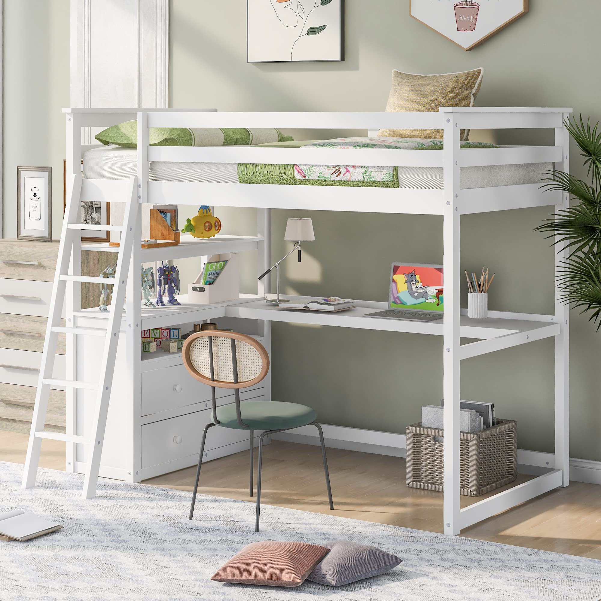 SOFTSEA Twin Size Solid Wood Loft Bed with Built-in Desk, Drawers & Storage Shelves - Multifunctional High Loft Bed for Kids & Teens (Boys/Girls) - Perfect for Small Bedrooms, Dorm Rooms & Space-Saving Kids' Rooms - White