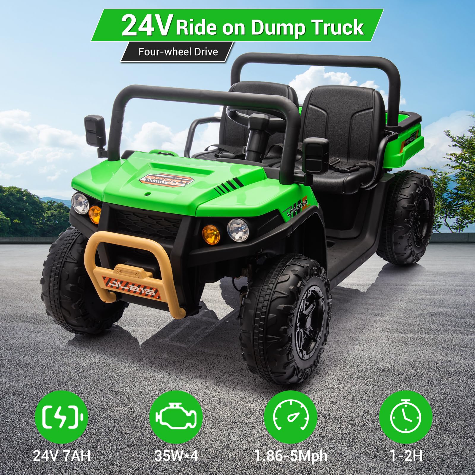 Hetoy 24V 2 Seater Electric Ride On Dump Truck with Remote Control - 4WD Battery Powered UTV Toy Car for Kids, Includes Shovel, Music, Bluetooth & LED Headlights - Perfect Outdoor Play Vehicle for Boys & Girls (Green)