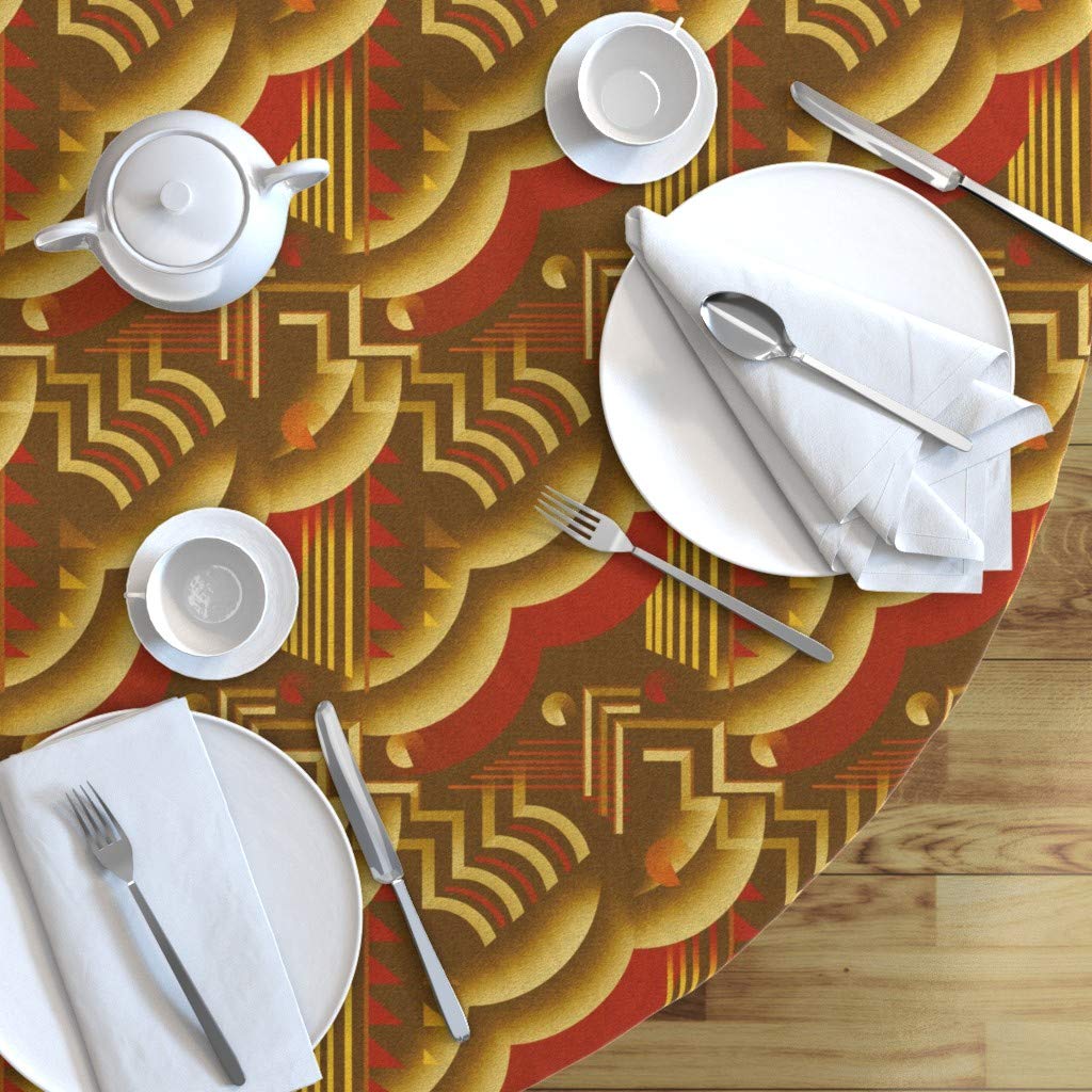 Art Deco Retro Style Red Gold 1920s Vintage Abstract Geometric Print Cotton Sateen Tablecloth - 70