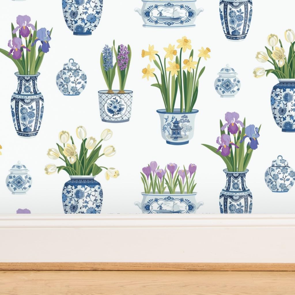 Premium Commercial Grade Wallpaper 27ft x 2ft - Floral Pots, Vases & Tulips Chinoiserie Delft Traditional Design | Spoonflower | Perfect for Living Room, Bedroom & Dining Room Decor