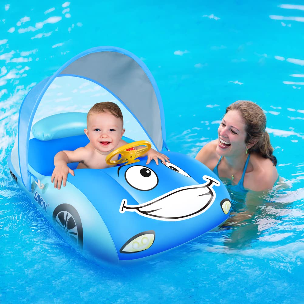 LAYCOL Baby Pool Float with UPF50+ Sun Protection & Adjustable Canopy - Car Shaped Infant Swimming Float for Toddlers 3-36 Months - Perfect for Backyard Pools, Beach Trips & Summer Water Play
