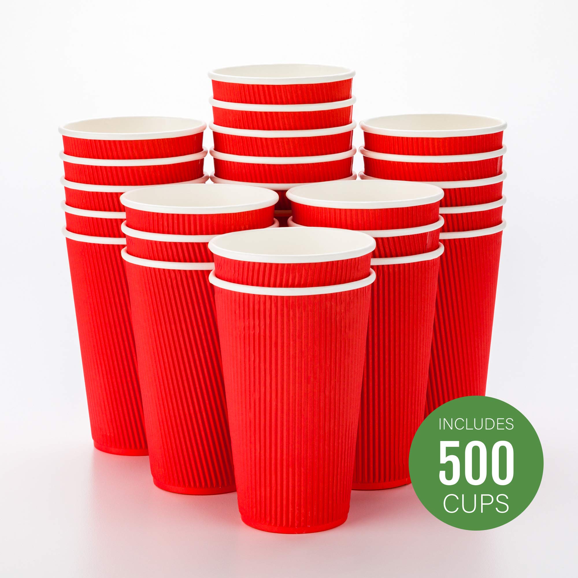 500 Pack 16oz Disposable Coffee Cups with Ripple Wall Design - Insulated Red Paper Hot Cups for Coffee, Tea & Hot Beverages (Lids Sold Separately) - Perfect for Cafes, Offices, Catering & Takeout Services