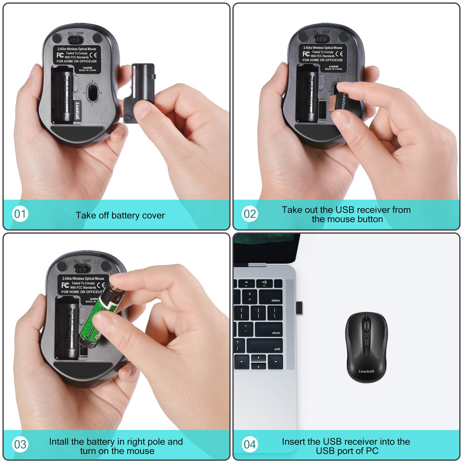 LeadsaiL 2.4G Wireless Ergonomic Mouse with USB Receiver - 3 Adjustable DPI, Silent Click for PC, Laptop, MacBook (Black) | Perfect for Office Work, Gaming & Travel Use
