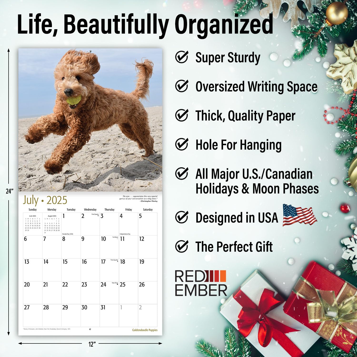 RED EMBER Goldendoodle Puppies 2025 Wall Calendar - 12 Month Large Format (12x24 Inches) with Thick Sturdy Paper | Perfect Gift for Dog Lovers | Home, Office & Classroom Decor | 2025 Dog Breed Calendar