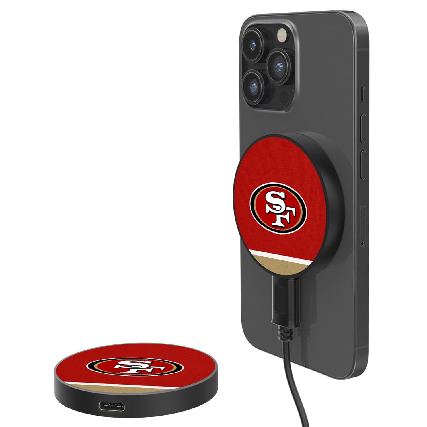 San Francisco 49ers 10W Fast Wireless Magnetic Charger with Stripe Design - Perfect for iPhone, Car, Home & Office Charging